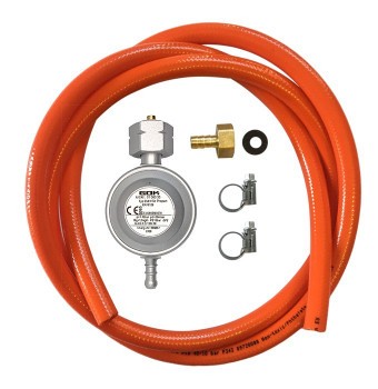 Kit: gas hose 80 cm, GOK 30 mbar reducer (KOMBI connection type), 1/2&quot; male thread 15 mm, reinforced clamps.